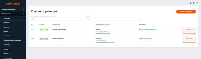 Кнопка “Создать магазин” на странице вкладки меню “Торговцы”