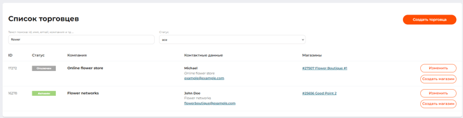 Страница с результатом поиска учетной записи торговца по “flower” как критерию поиска и по торговцам всех статусов