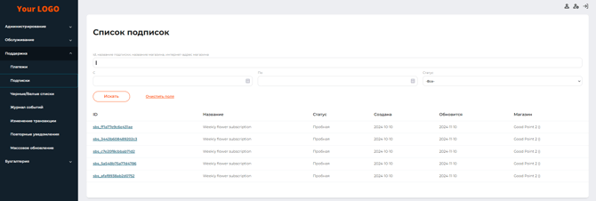 Страница вкладки “Подписки”