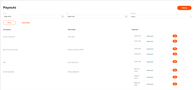 The Payout tab page with a list of payouts to record