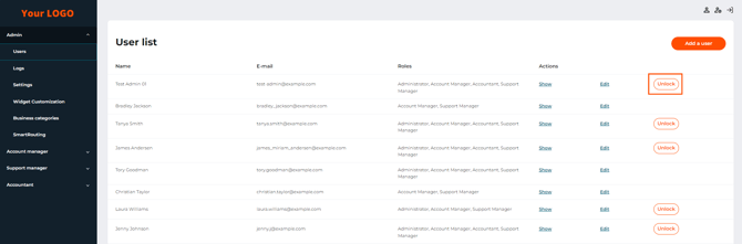 Кнопка “Разблокировать” на странице со списком пользователей