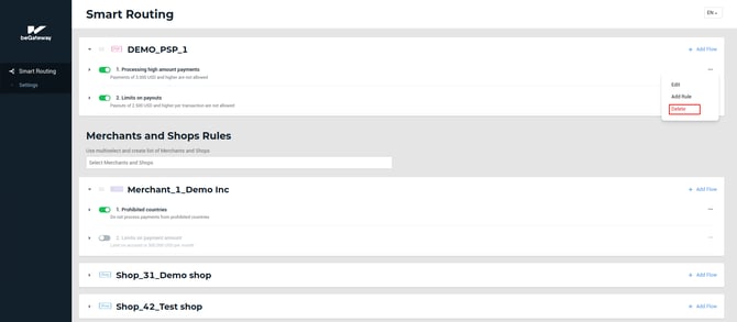 The Delete button in the flow menu