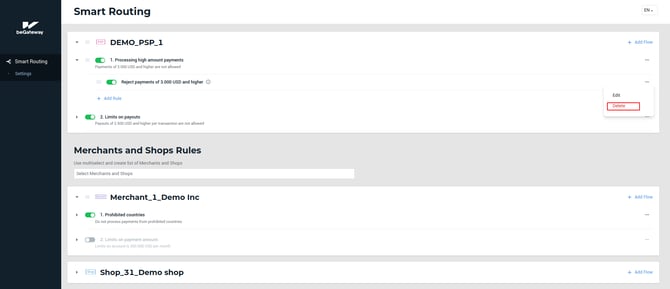 The Delete button in the rule menu
