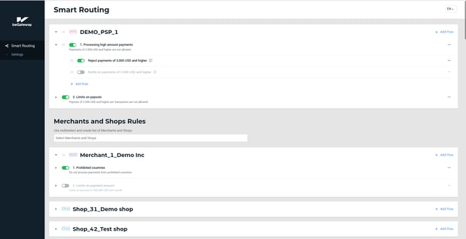 The list of rules of the “Processing high amount payments” for the DEMO_PSP_1 account