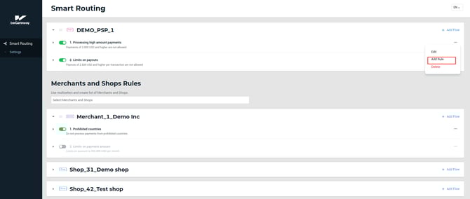 The Add Rule button in the flow menu