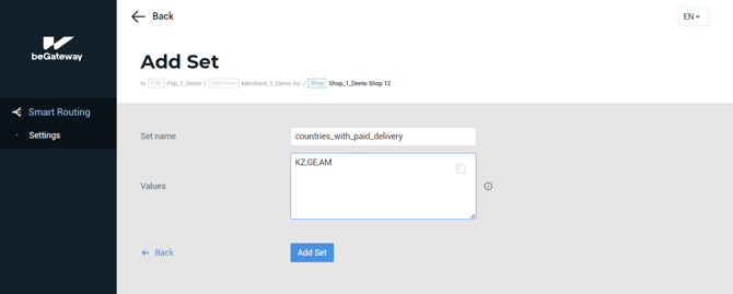 Example of filling in set values