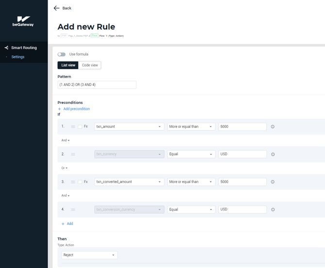 Rule condition settings for the sample rule