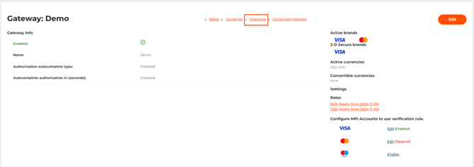 The Channels tab on the payment gateway status page