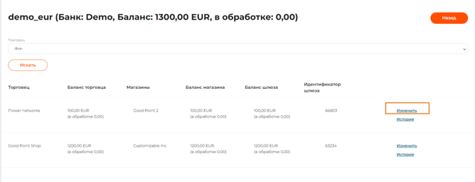 Кнопка “Изменить” на странице с детальной информацией о балансе канала