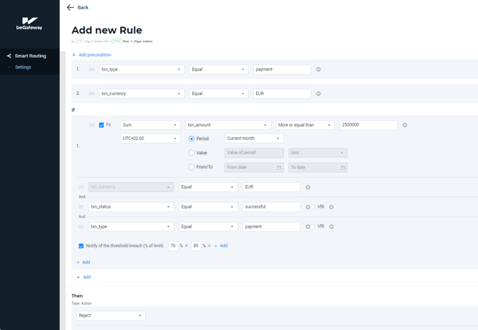 The sample rule condition settings