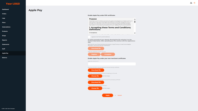 The Apple Pay page in the merchant’s back office. Allow merchants to use the PSP certificate option is turned off in PSP system settings.