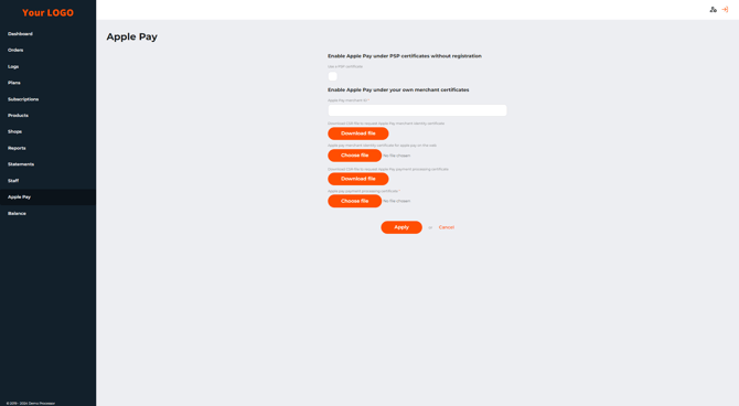 The Apple Pay page in the merchant’s back office. Allow merchants to use the PSP certificate option is turned on in PSP system settings.