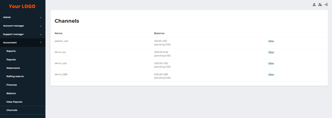 The list of channels and their balances on the Channels tab