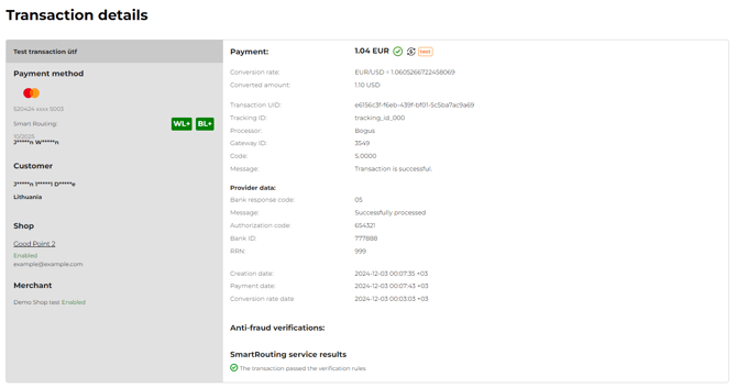 Transaction details page for the transaction for which the conversion rate was calculated.