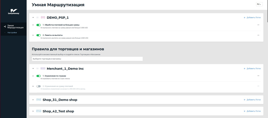 Списки потоков правил для учетных записей PSP и Merchant