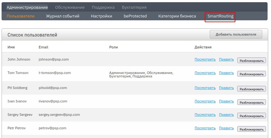 Вкладка “Smart Routing” на главной странице личного кабинета пользователя с ролью “Администрирование”