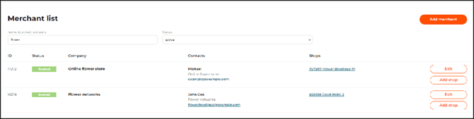 The Merchants tab page with a list of merchants