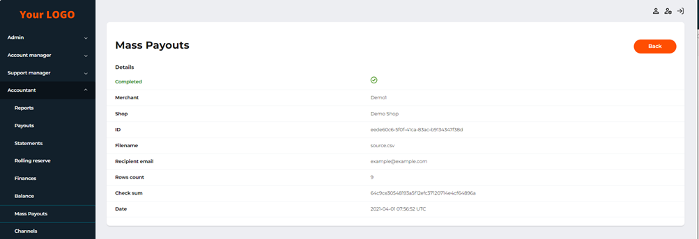 The page with details of a mass payout