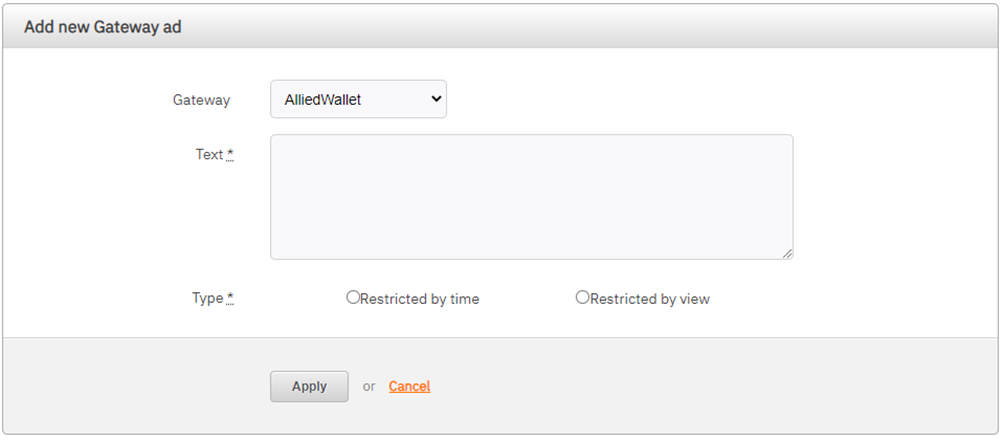 The form to create an advertisement for a payment gateway
