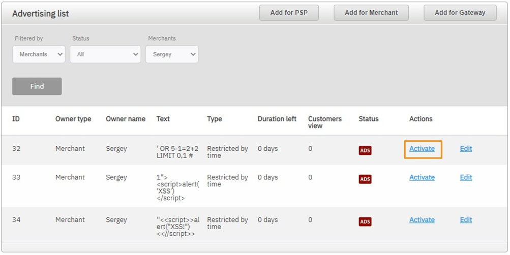 The Activate button on the Advertising tab page